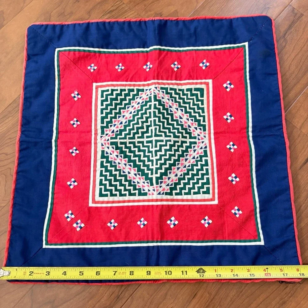 Vintage Hmong? Asian Embroidered Handmade Folk Wall Art Quilt Block Pillow 18
